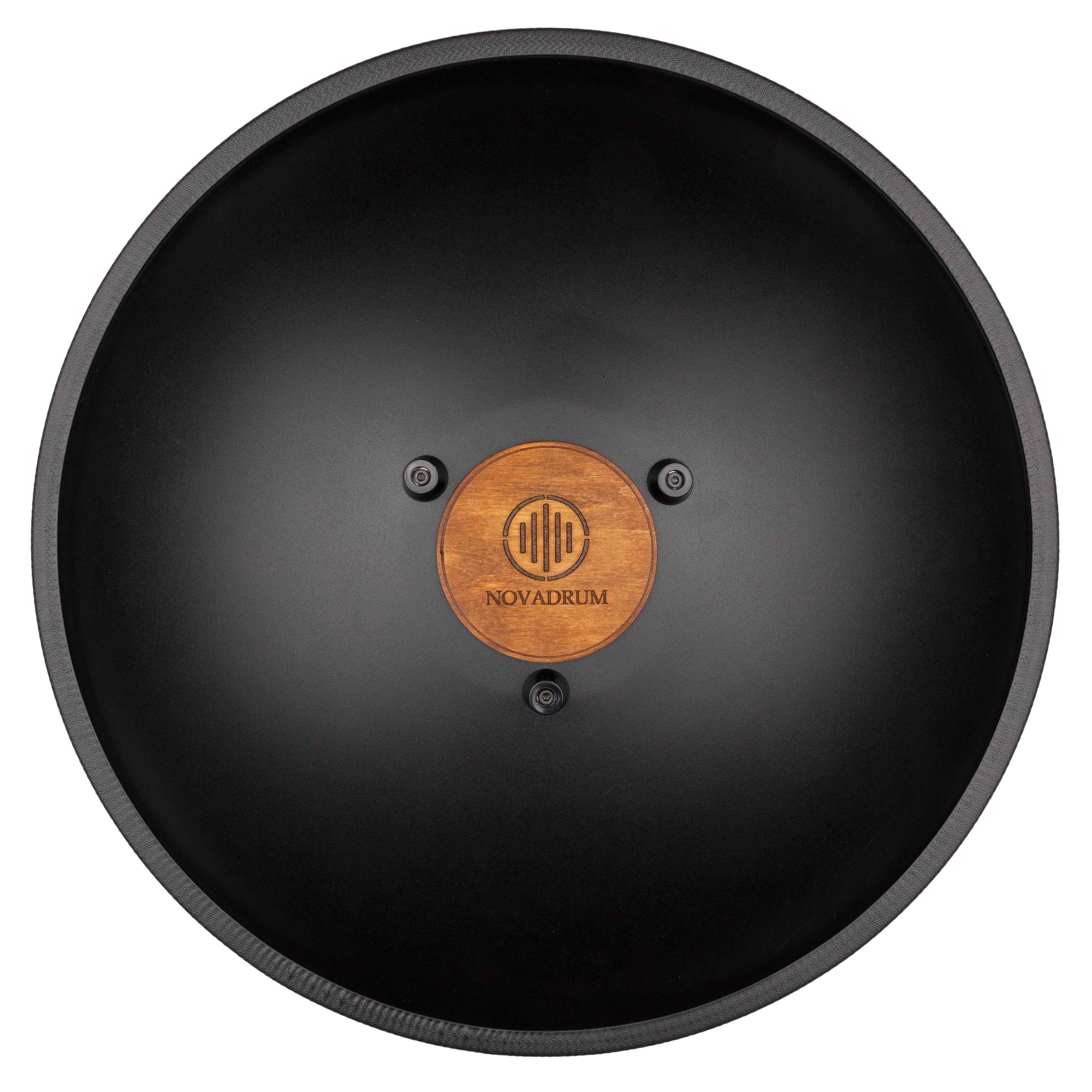 Back view of Novadrum 48 big steel tongue drum in black matte, showing a wooden cover with engraved ‘NovaDrum’ branding, rubber feet, and black rope rim.