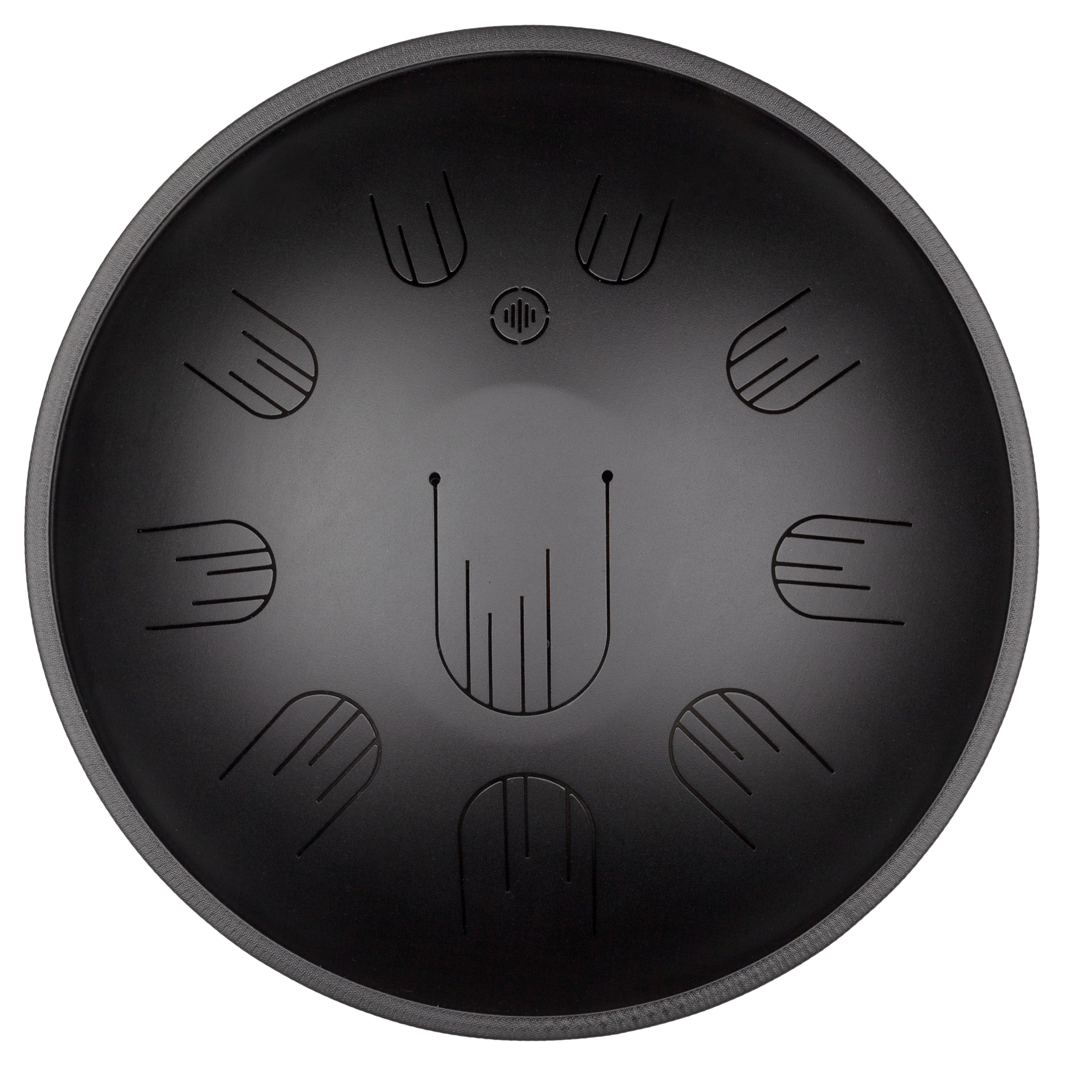 Front view of Novadrum 48 big steel tongue drum in black matte, with precision-cut tongues arranged symmetrically around a central logo.