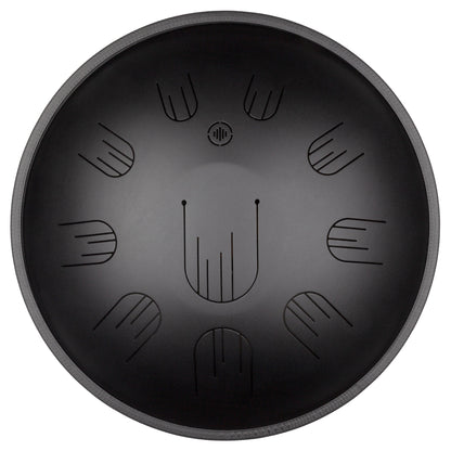 Front view of Novadrum 48 big steel tongue drum in black matte, with precision-cut tongues arranged symmetrically around a central logo.