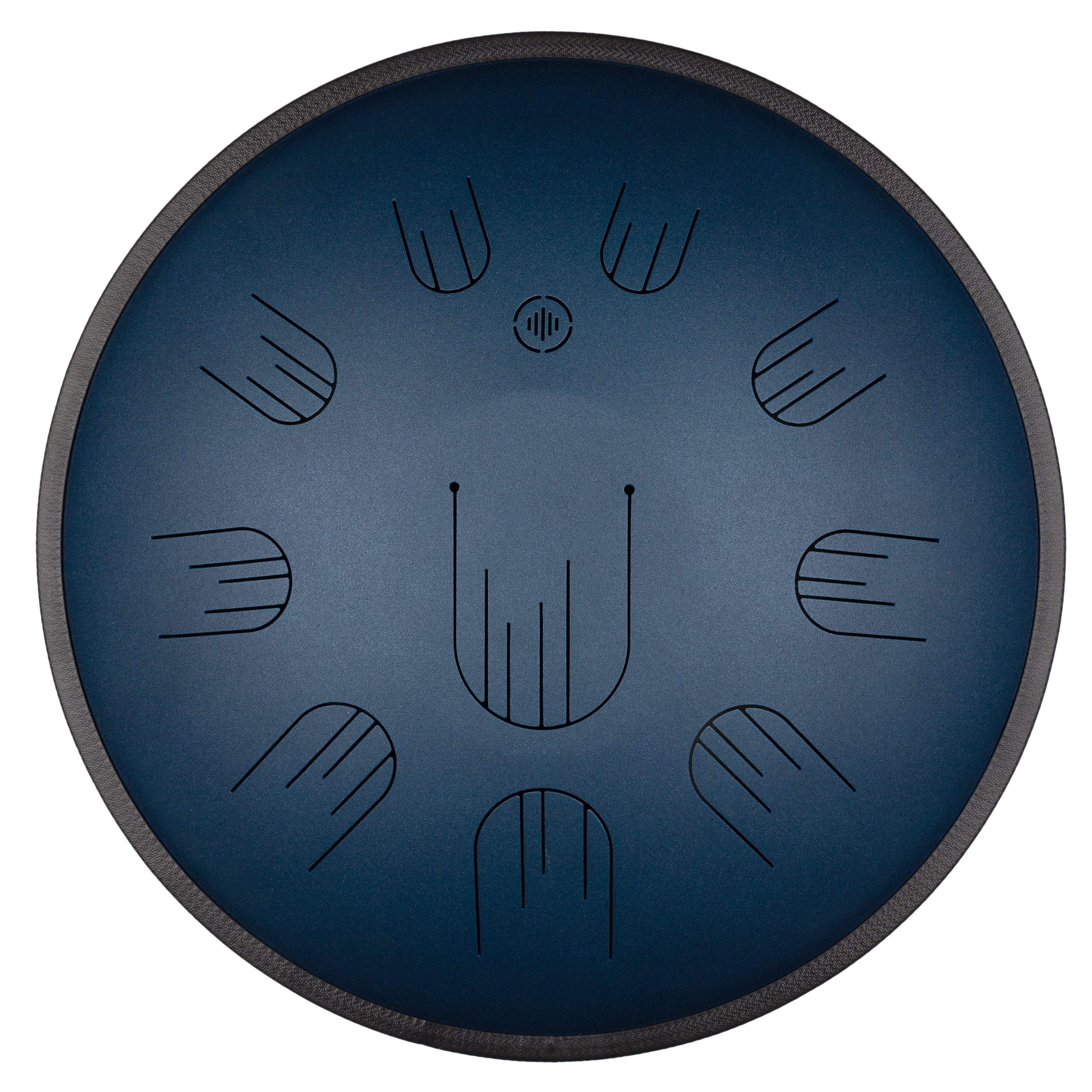 Front view of Novadrum 48 big steel tongue drum in blue matte, with precision-cut tongues arranged symmetrically around a central logo.