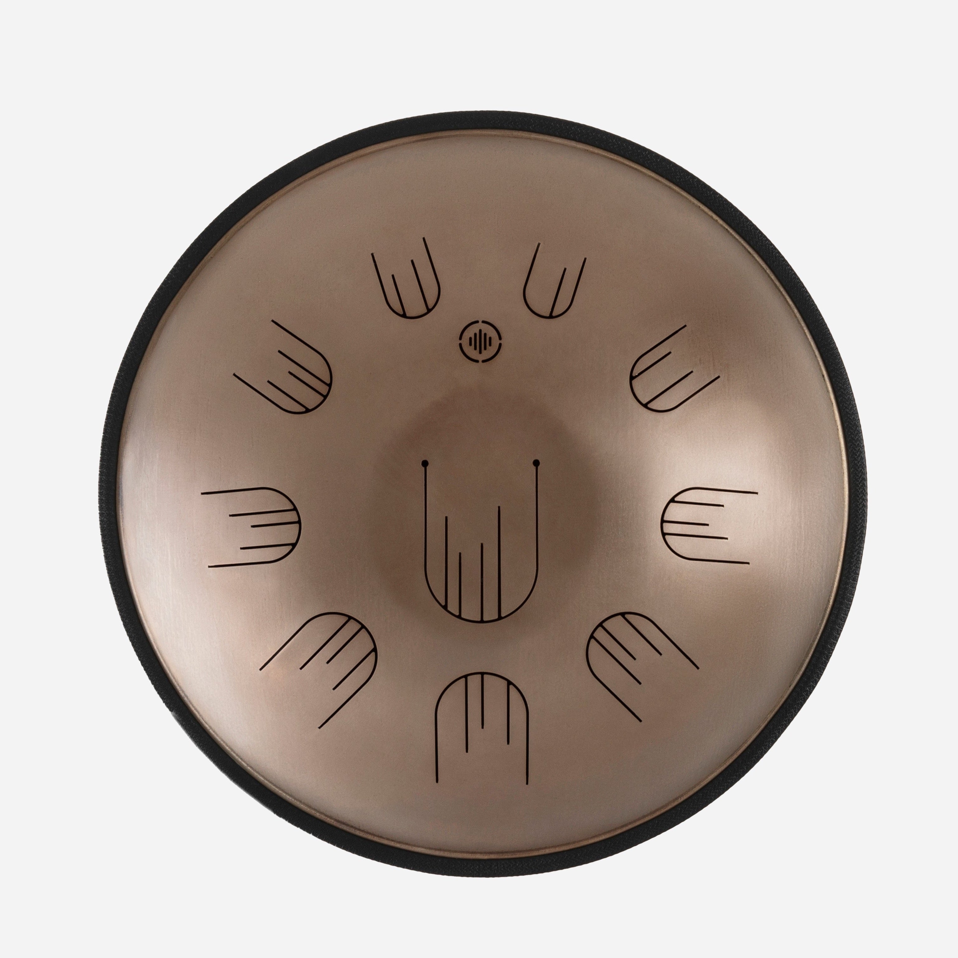 Front view of Novadrum 48 big steel tongue drum in stainless steel, with precision-cut tongues arranged symmetrically around a central logo